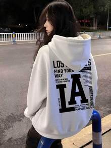 High Street LA Large Letter Back Print Sweatshirt, Casual Slouchy Student Versatile Pullover Autumn Top - White-gray - View 1