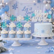 1Pc/40Pcs/41Pcs/Set Happy Birthday Cake Topper Set Silver Blue Glitter Snowflake Cupcake Toppers Winter Birthday Party Cake Decorations For Birthday Party Supplies - Multicolor - View 2
