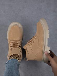 Sepatu Bot Wanita Gaya Jalanan Musim Gugur/Dingin, Bertali, Desain Bagian Atas Warna Polos, Sepatu Bot Kasual Setinggi Mata Kaki dengan Sol Tebal dan Model Rendah - Unta - View 2