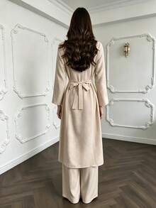 SMILE CHIC Vintage Minimalist Elegant Commuter New Chinese Style Frog Button Side Slit Waist-Cinching Outerwear & Wide Leg Pants 2 Pieces Set - Apricot - View 4