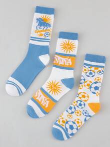 3 Pasang Kaos Kaki Pria Motif Sepak Bola Acak, Kaos Kaki Kasual Setengah Betis Motif Matahari & Sepak Bola Retro untuk Olahraga dan Pemakaian Sehari-hari - MultiWarna - View 2