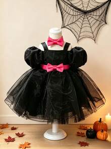 Gaun Putri Organza Hitam dengan Desain Pita Besar Warna Kontras untuk Bayi Perempuan, Cocok untuk Pesta Halloween, Pesta Ulang Tahun, Pesta Dansa, Pertunjukan, Perayaan Hari Raya, Gaun Pengantin Pengiring Pengantin, Tanpa Bando - MultiWarna - View 3