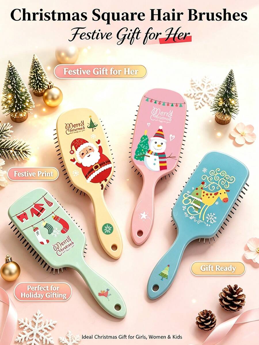 Christmas Massage Comb, Santa Claus Reindeer Christmas Tree Snowman Hair Comb, Oval Cushioned Comb, Christmas Comb - Multicolor - View 1