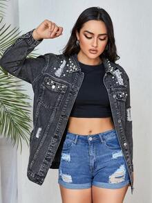Rivet Decor Distressed Flap Pocket Drop Shoulder Denim Jacket - Women Spring Denim Jacket Casual - Dark Grey - View 5