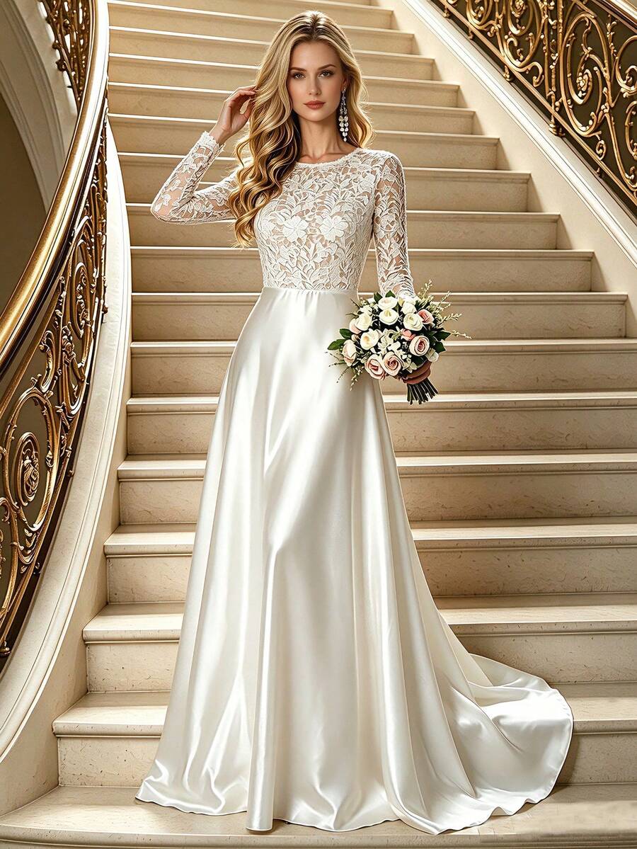 Women's Lace Wedding Dress, Long Sleeve High Neck Backless Floor-Length Elegant Evening Gown Spring White Fall - White - View 1