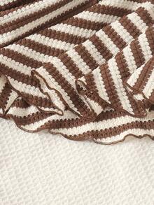 1pc Baby Girl Vintage Cute Knitted Jacquard Striped Long Sleeve Dress, Thin Spring/Autumn Mori Style - Brown - View 4