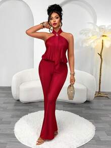 Women's Burgundy Halter Neck Sleeveless Backless Long Jumpsuit, Ruched Detail, High Elastic Knit Fabric, Suitable For Autumn Wear - Burgundy - View 7