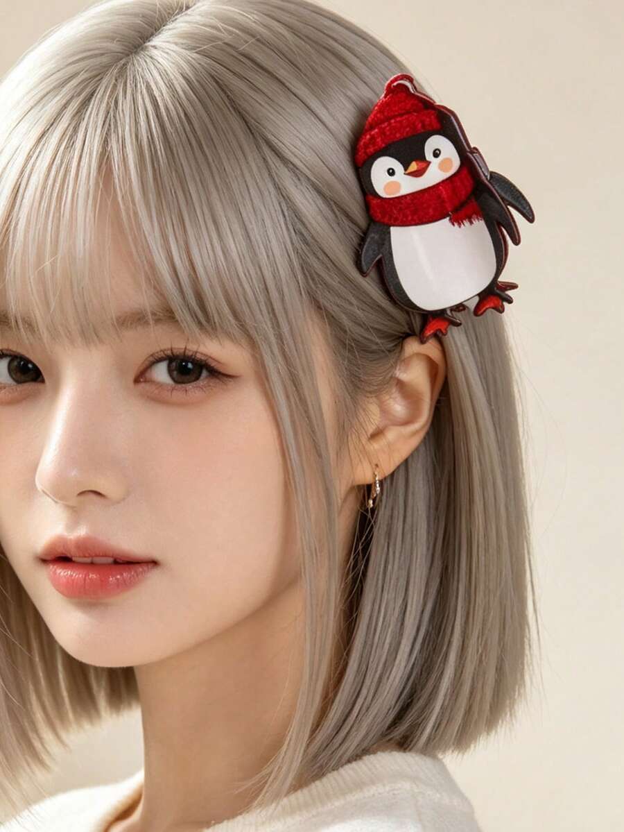 卡通紅帽子紅圍巾企鵝髮夾,趣味插畫動物髮爪夾,女孩後腦髮髻夾 - 多色B - 查看 1