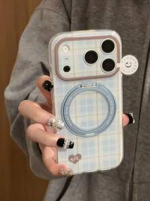 Japanese & Korean Ins Style Blue Plaid Heart 360 Stand Phone Case Compatible With Apple 17, 18 Pro Max, 15, 17 Pro, 16, Double Layer IMD Shockproof Protective Cover, New Design - Blue - View 2