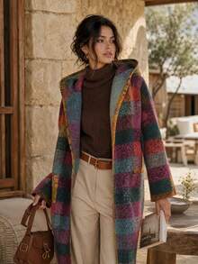 Veste grande taille pour femmes automne/hiver à manches longues avec poches, imprimé à carreaux non positionné, capuche et devant ouvert, veste de streetwear bohème colorée et polyvalente - Prune - Voir 6