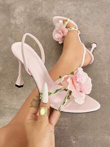 Glossy Blush Pink Pointed Toe High Heel Sandals,3D Artificial Orchid Decor Braided Strap Slingback Party Dress Heels For Women - Baby Pink - View 1
