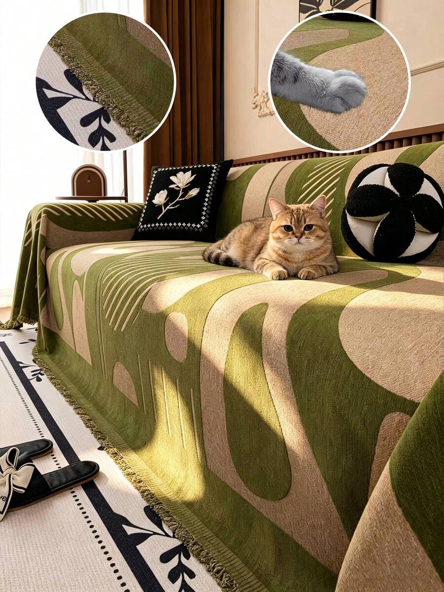 1pc Chenille Sofa Cover, Classic Minimalist Style, Scratch-Resistant & Durable Pet-Friendly, All-Season Sofa Protection, Suitable For Bedroom, Living Room, Study, Office, Machine Washable - Green - View 1