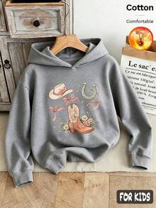 Autumn/Winter 3 Pieces Set Girls Fleece Hoodie With Denim Boots, Decorated With Horseshoe, Bow, Flower, Cow Print Y2K Style - Heather Gray+Heather Gray+Heather Gray - View 3