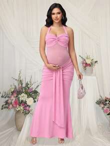 JustVH Gaun Maxi Hamil Model Duyung Tanpa Lengan dengan Lipatan Jala dan Detail Draping, Cocok untuk Pemotretan Baptisan Bayi - Berwarna merah muda - View 6