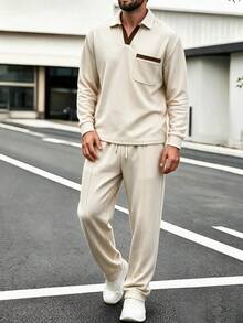 GOLDREDY Minimalist Waffle Texture Colorblock Patchwork Design Polo Half-Placket Long Sleeve With Solid Color Long Pants Men's Essential Polo Set - Apricot - View 3