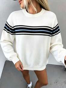 Women's Crew Neck Long Sleeve Sweater, Casual Autumn Regular Fit Top - White - View 2