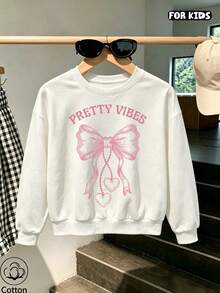 Women's Casual Cotton Sweatshirt, Hand-Painted Pink Bow Heart & Text Print, Drop Shoulder Crew Neck Pullover, Autumn - White - View 3