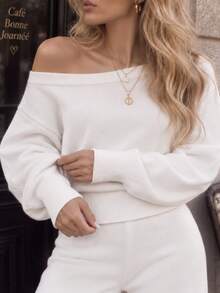Women's Fall Winter White Knit Sweater 2 Pieces Set, Off Shoulder Long Sleeve Pullover Jumper And Wide Leg Long Pants, Casual Going Out School Outfit - White - View 5