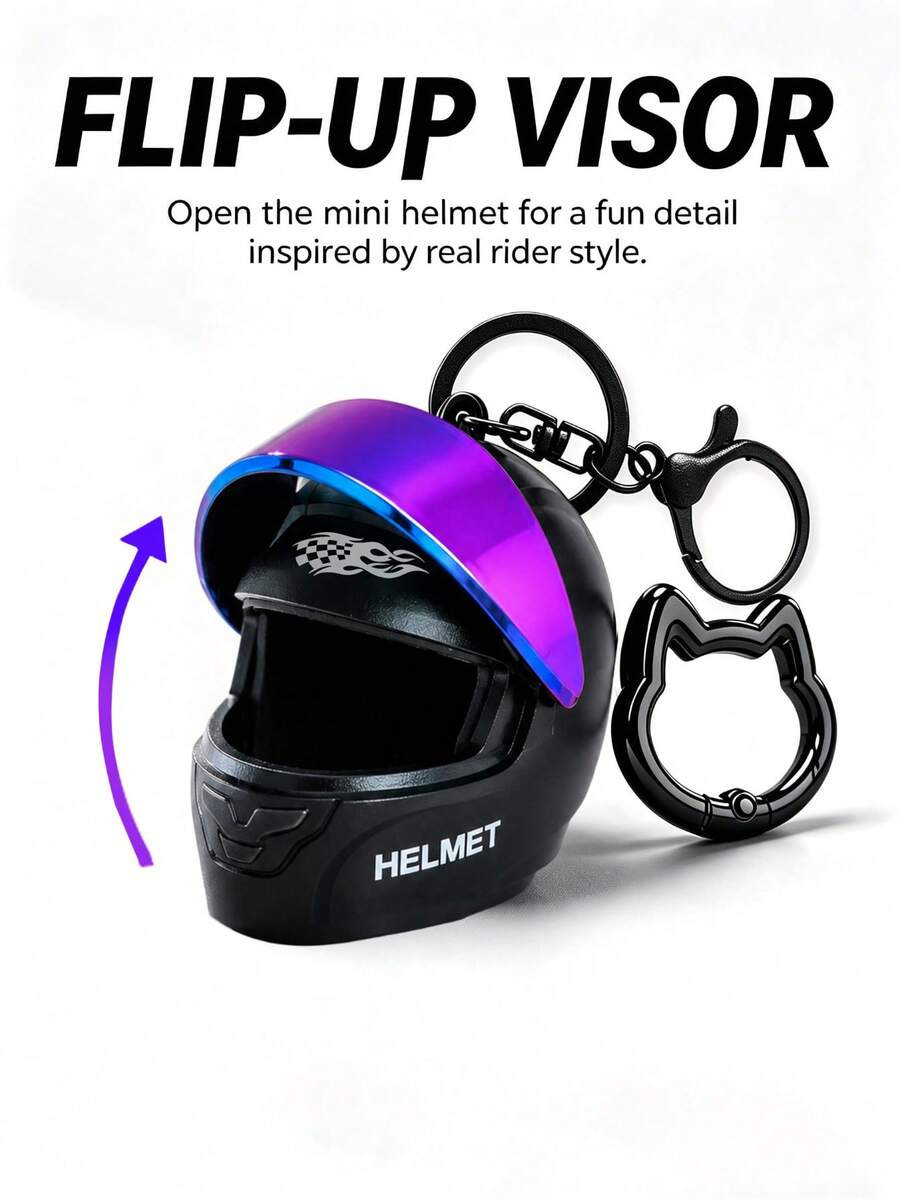 2pcs/Set - Cool Motorcycle Helmet Keychain Pendant With Spare Cat Ear Key Ring Clip, Gradient Lens Helmet Key Chain Motorcycle Bag Charm Bag Accessory, Wallet Charm, Mini Motorcycle Helmet Key Chain Bag Charm, Flip Cover Motorcycle Helmet Rider Keychain Key Ring, Unisex Rider Backpack Car Accessory - Multicolor - View 1