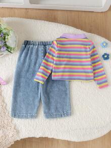 2pcs Baby Girl Casual Multi-Color Ribbed Ribbed Top & Embroidered Denim Jeans Set, Thin Spring/Autumn - Mauve Purple - View 2