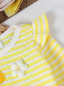 2pcs Baby Girl Casual Sweet Cool Striped Flutter Sleeve Knit Top & Embroidered Denim Jeans Set, Thin Spring/Autumn - Yellow - View 5
