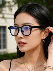 1對女款塑膠框鉚釘方框大版無度數眼鏡，街頭風透明清透鏡片眼鏡 - 灰色 - 查看 3