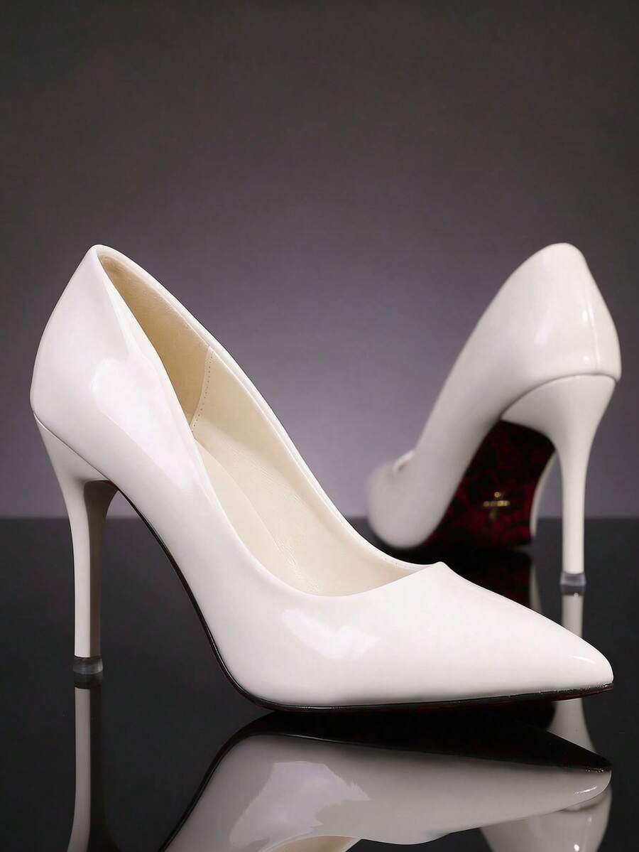 White Mirror 9cm High Heels, Pointed Toe Low-Cut Design, Eye-Catching Gold Sword-Shaped Metal Stiletto Heel, Shiny Upper, Vintage Red & Black Printed Sole, Cool & Avant-Garde Style, Suitable For Party, Date, Stage Wear - White - View 1