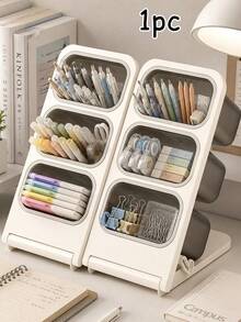 1pc 3-Tier Large Capacity Slanted Pen Holder, Dust-Proof Desktop Pen Rack, Stationery Storage Bin (Pens Not Included), With Slanted Compartments To Save Desk Space, Suitable For Desk, Office, Craft Room; Multi-Functional Learning Storage Box, Back To School Essential, Can Store Markers, Pencils, Pens, Painting Brushes - Multicolor - View 1