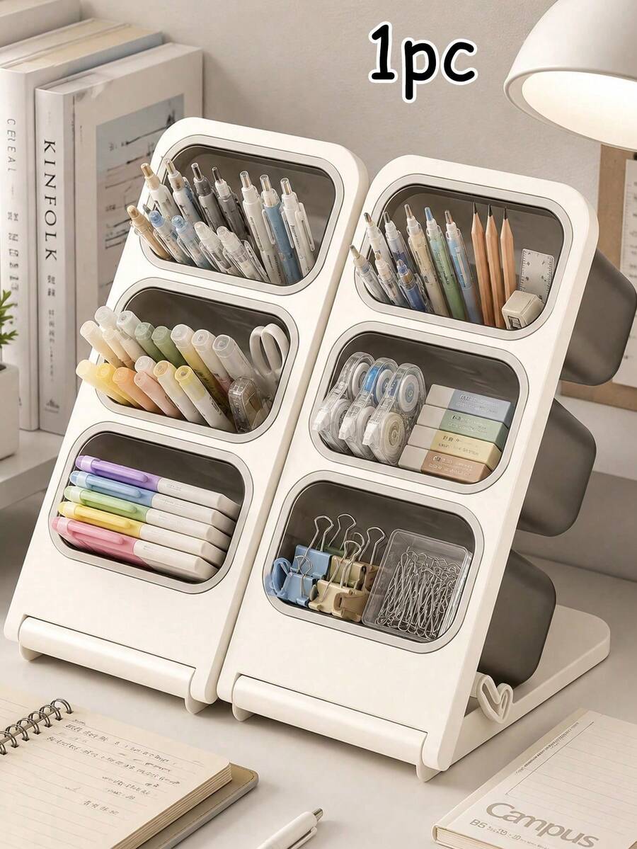 1pc 3-Tier Large Capacity Slanted Pen Holder, Dust-Proof Desktop Pen Rack, Stationery Storage Bin (Pens Not Included), With Slanted Compartments To Save Desk Space, Suitable For Desk, Office, Craft Room; Multi-Functional Learning Storage Box, Back To School Essential, Can Store Markers, Pencils, Pens, Painting Brushes - Multicolor - View 1