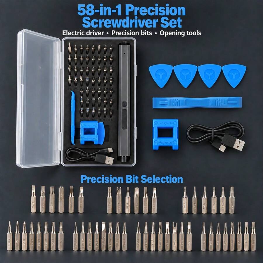 SuperPan 58-In-1 Precision Electric Screwdriver Set, Type-C Rechargeable Mini Electric Screwdriver, Phone Computer Camera Watch Disassembly Home Repair Tool - Black - View 1