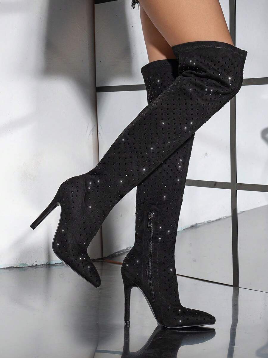 Sepatu bot wanita setinggi lutut dengan ujung runcing, hak stiletto, hiasan berlian imitasi, resleting samping, modis, elegan, dan elastis, cocok untuk pesta, acara, kencan, dan pakaian sehari-hari. - Hitam - View 1