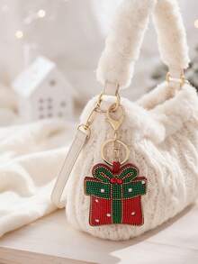 1pc Christmas Vintage Cute Rhinestone & Bead Santa Claus Snowman Keychain, 3D Gift Box Sock Bell Design Bag Charm, Unisex Christmas Gift Accessory - Multicolor - View 15