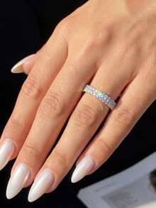 1pc Moissanite Ring, Fashionable Double Row Full Pave Diamond Ring With Band, Suitable For Women's Wedding And Daily Wear - Double Row Moissanite Ring - View 4
