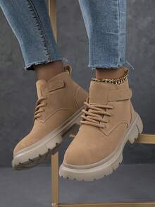 Sepatu Bot Wanita Gaya Jalanan Musim Gugur/Dingin, Bertali, Desain Bagian Atas Warna Polos, Sepatu Bot Kasual Setinggi Mata Kaki dengan Sol Tebal dan Model Rendah - Unta - View 5