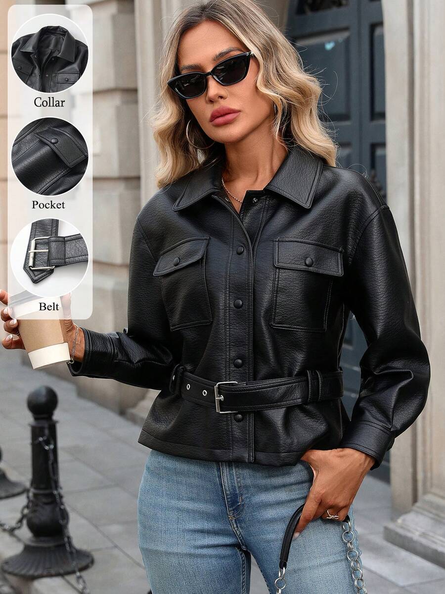 Women's Faux Leather Motorcycle Jacket, Solid Color Biker Coat With Belt