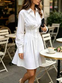 Women's French Style Button Pleated Waist Solid Color Long Sleeve Dress For Commute, Date, Afternoon Tea, Travel - White - View 3