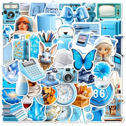 50pcs Blue Vintage Cartoon Stickers, Artistic Lifestyle Pattern, Waterproof Self-Adhesive Decorative Stickers For Planner And Photo Album