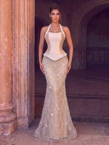 Elegant Women's Halter Neck Long Satin Evening Gown, Embellished With Sequins And Pearls, Romantic Flared Hem Formal Dress, Suitable For Weddings, Galas, Events - Champagne - View 6