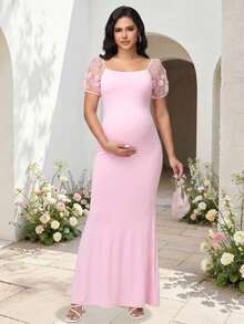 JustVH Maternity Cold Shoulder 3D Floral Long Mermaid Dress, Suitable For Baby Shower, Halloween, Autumn Party - Baby Pink - View 6