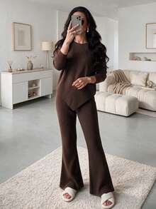 Korean Style Lazy Vertical Stripe Knit 2 Pieces Set, Waist-Cinching Split Top And High-Waist Flared Pants Commuter Outfit - Brown - View 5