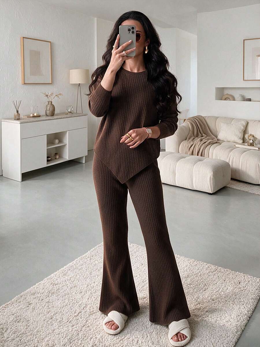 Women's Fall Dark Brown Ribbed Knit Crew Neck Asymmetric Hem Top & High Waist Wide Leg Pants Two Pieces Set, Cozy Casual Commute Loungewear - Brown - View 1