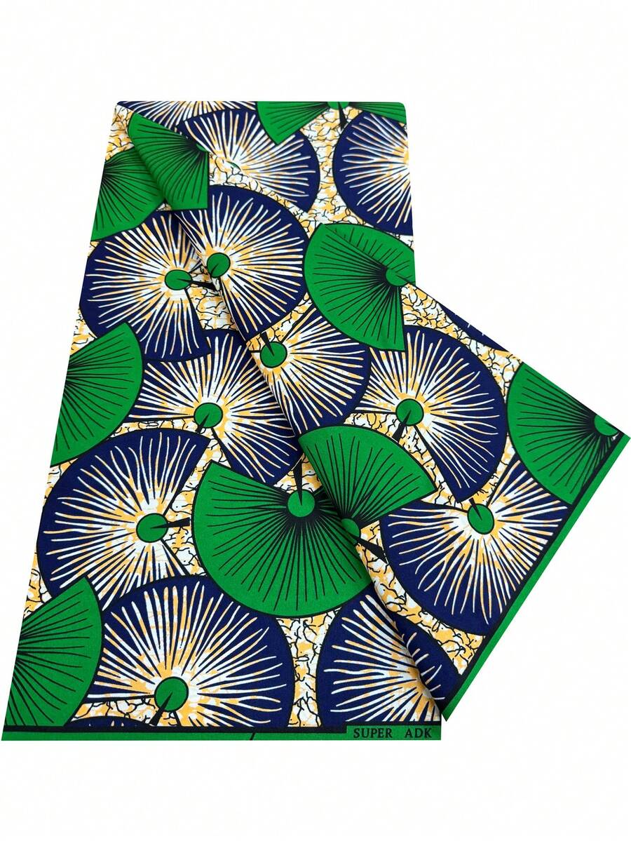 1pc African Ankara Wax Print Fabric Green Navy Fan Radial Geometric Pattern, Double Sided Printed Cloth For African Dresses, Skirt Sewing, Handcraft Decoration - Multicolor - View 1