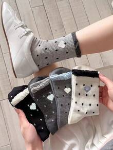 5 Pairs Fashion Women Polka Dot Mid-Calf Socks, Ruffle Cuff Heart & Bow Daily Casual Versatile Mid-Calf Socks - Multicolor - View 8