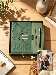 Personalized Dad Line Art Leather Notebook And Pen Set, Customizable Photo Engraved Notebook, Father's Day Gift From Daughter/Son To Father - Multicolor - View 2