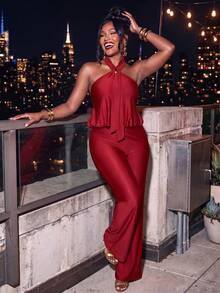 Women's Burgundy Halter Neck Sleeveless Backless Long Jumpsuit, Ruched Detail, High Elastic Knit Fabric, Suitable For Autumn Wear - Burgundy - View 2