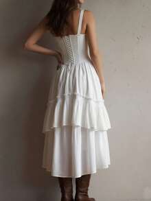 Vestido femenino tirantes decorado con encaje falda multicapa ajustable con lazo en espalda ligero para salidas - Blanco - Ver 5