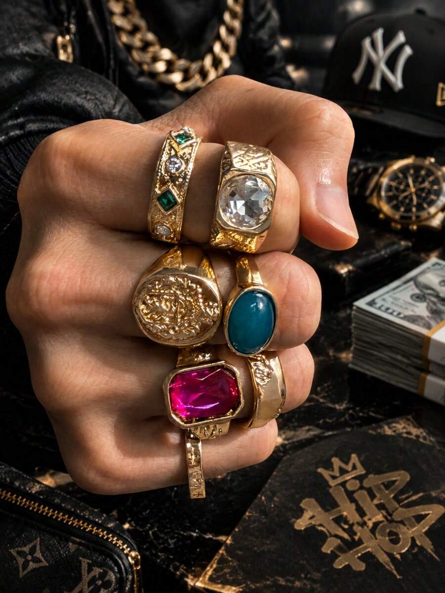 7pcs Fashionable Hip Hop Punk Personalized Premium Unique Exquisite Geometric Gemstone Men's Daily Wear Holiday Party Jewelry Set - Multicolor - View 1