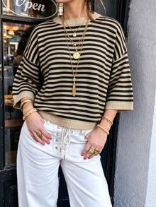 Women's New Autumn Contrast Color Striped Knit Top, Casual Daily Commute College Style - Khaki and Black - View 5