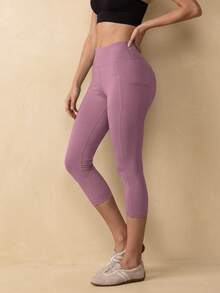 Soyun New Women's Yoga Waist-Cinched Pants, Peach Butt Lift Design, Side Pockets And Mesh Patchwork, Suitable For Daily Casual And Outdoor Activities - Violet Purple - View 5