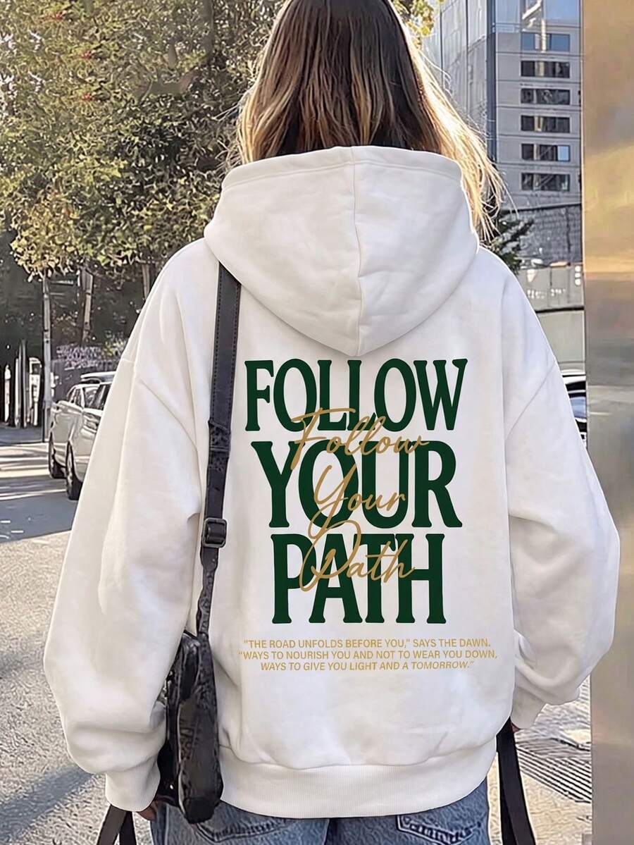 Women's "Follow Your Path" Loose Hoodie, Warm Lined Long Sleeve Pullover, With Pockets, Street Style Autumn Outfit - White - View 1
